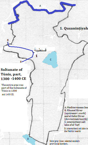 map of Qusanṭīnah (Constantine), Skikda, Oum el-Bouaghi and Khenchela provinces of al-Jazā'īr (Algérie or Algeria), 1300-1400 CE