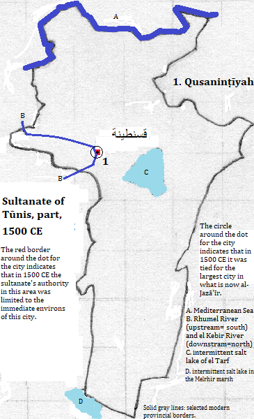 map of Qusanṭīnah (Constantine), Skikda, Oum el-Bouaghi and Khenchela provinces of al-Jazā'īr (Algérie or Algeria), 1500 CE