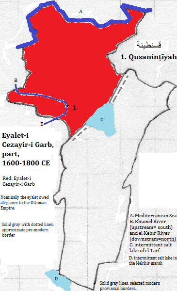 map of Qusanṭīnah (Constantine), Skikda, Oum el-Bouaghi and Khenchela provinces of al-Jazā'īr (Algérie or Algeria), 1600-1800 CE