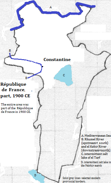 map of Qusanṭīnah (Constantine), Skikda, Oum el-Bouaghi and Khenchela provinces of al-Jazā'īr (Algérie or Algeria), 1900 CE