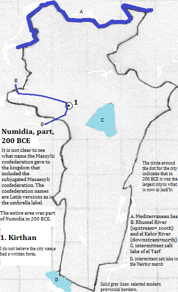 map of Qusanṭīnah (Constantine), Skikda, Oum el-Bouaghi and Khenchela provinces of al-Jazā'īr (Algérie or Algeria), 200 BCE