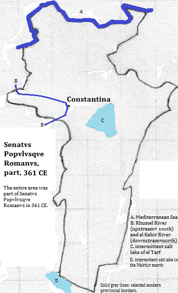 map of Qusanṭīnah (Constantine), Skikda, Oum el-Bouaghi and Khenchela provinces of al-Jazā'īr (Algérie or Algeria), 361 CE