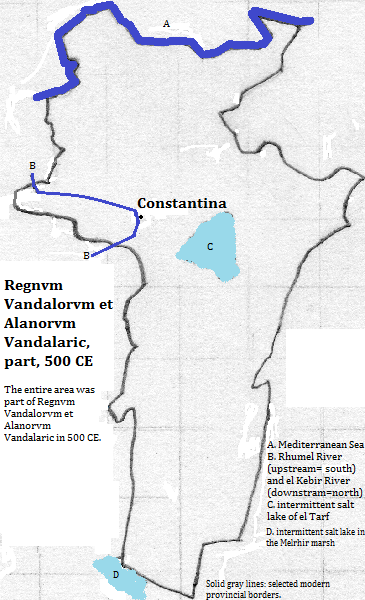 map of Qusanṭīnah (Constantine), Skikda, Oum el-Bouaghi and Khenchela provinces of al-Jazā'īr (Algérie or Algeria), 500 CE