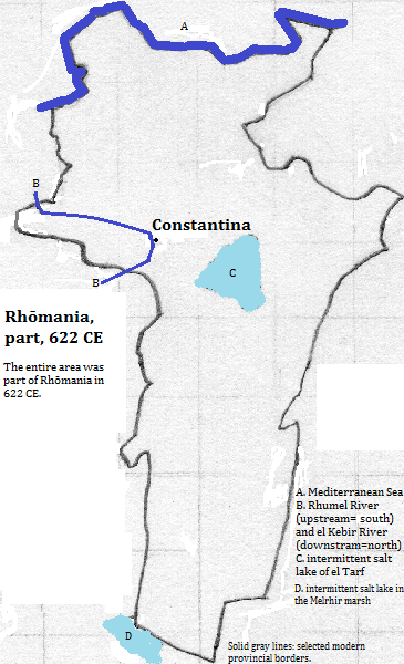 map of Qusanṭīnah (Constantine), Skikda, Oum el-Bouaghi and Khenchela provinces of al-Jazā'īr (Algérie or Algeria), 622 CE