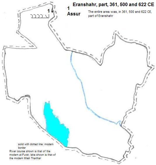 map showing part of the Eranshahr, 361, 500 and 622 CE