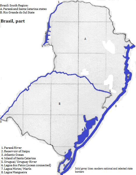map of the South Region of Brasil (Brazil), showing selected state borders and hydrographic features