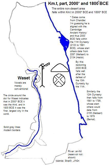 map showing part of Km.t (Kemet or Egypt) 2000 to 1800 BCE