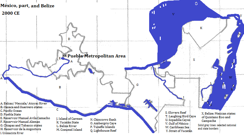 map showing southeastern Belize and México, 2000 CE