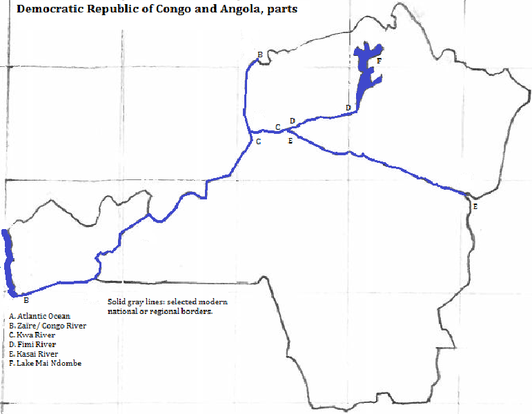 map of parts of the Democratic Republic of Congo and Angola: showing state borders and selected rivers