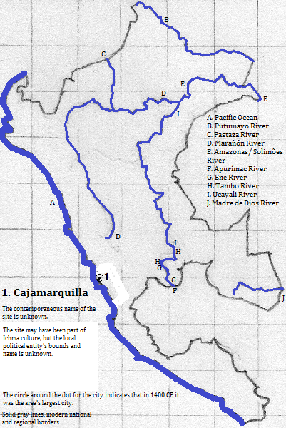 map showing Cajamarquilla site in the Ichma culture area, 1400 CE