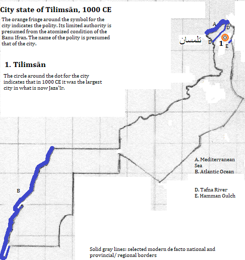 map of Tilimsān, Naâma, B&eacutechar and Tindouf provinces of al-Jazā'īr (Algérie or Algeria); Wad-ad-Dahah, Bu Jaydur, ad-'Ayun, es-Samarah provinces of al-Maghreb (Maroc or Morocco); and al-'Arabīyah al-Jsahwryah Republic (Saharan Arab Republic), 1000 CE