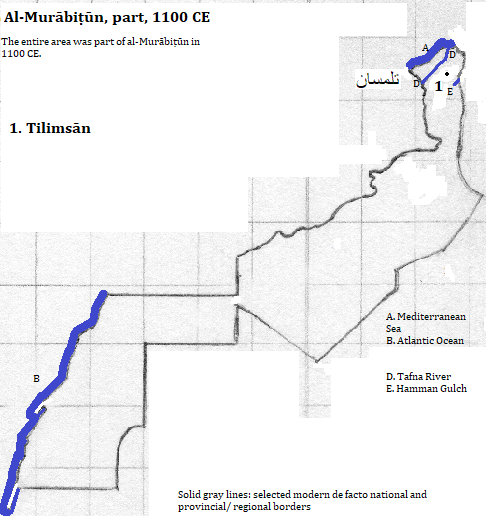 map of Tilimsān, Naâma, B&eacutechar and Tindouf provinces of al-Jazā'īr (Algérie or Algeria); Wad-ad-Dahah, Bu Jaydur, ad-'Ayun, es-Samarah provinces of al-Maghreb (Maroc or Morocco); and al-'Arabīyah al-Jsahwryah Republic (Saharan Arab Republic), 1100 CE