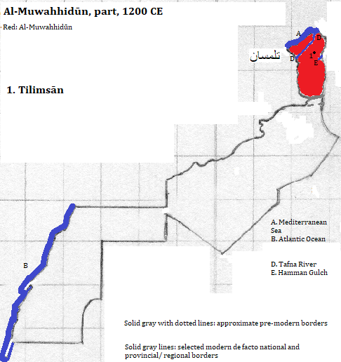 map of Tilimsān, Naâma, B&eacutechar and Tindouf provinces of al-Jazā'īr (Algérie or Algeria); Wad-ad-Dahah, Bu Jaydur, ad-'Ayun, es-Samarah provinces of al-Maghreb (Maroc or Morocco); and al-'Arabīyah al-Jsahwryah Republic (Saharan Arab Republic), 1200 CE