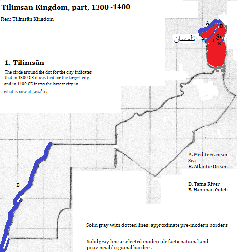 map of Tilimsān, Naâma, B&eacutechar and Tindouf provinces of al-Jazā'īr (Algérie or Algeria); Wad-ad-Dahah, Bu Jaydur, ad-'Ayun, es-Samarah provinces of al-Maghreb (Maroc or Morocco); and al-'Arabīyah al-Jsahwryah Republic (Saharan Arab Republic), 1300-1400 CE