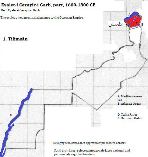 map of Tilimsān, Naâma, B&eacutechar and Tindouf provinces of al-Jazā'īr (Algérie or Algeria); Wad-ad-Dahah, Bu Jaydur, ad-'Ayun, es-Samarah provinces of al-Maghreb (Maroc or Morocco); and al-'Arabīyah al-Jsahwryah Republic (Saharan Arab Republic), 1600-1800 CE