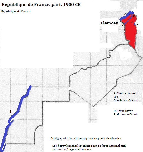 map of Tilimsān, Naâma, B&eacutechar and Tindouf provinces of al-Jazā'īr (Algérie or Algeria); Wad-ad-Dahah, Bu Jaydur, ad-'Ayun, es-Samarah provinces of al-Maghreb (Maroc or Morocco); and al-'Arabīyah al-Jsahwryah Republic (Saharan Arab Republic), 1900 CE