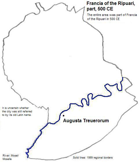 map showing part of Francia of the Ripuari, 500 CE