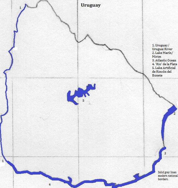 map of Uruguay, showing selected hydrographic features
