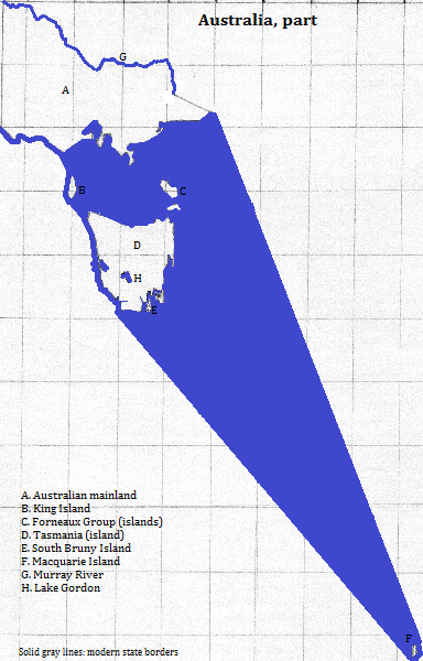 map of Victoria, Tasmania and Macquarie Island, with the Murray River and Gordon Lake