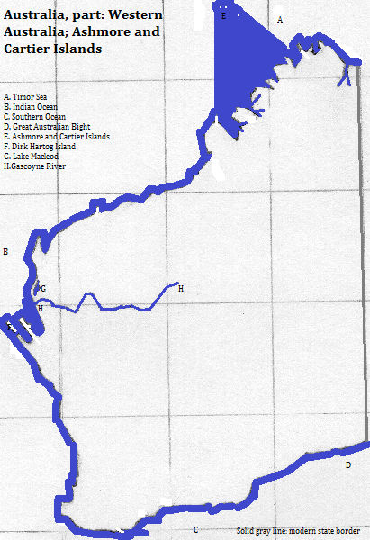 map of Western Australia and the Ashmore and Cartier Islands (Australia): showing the state border, a salt lake and a river