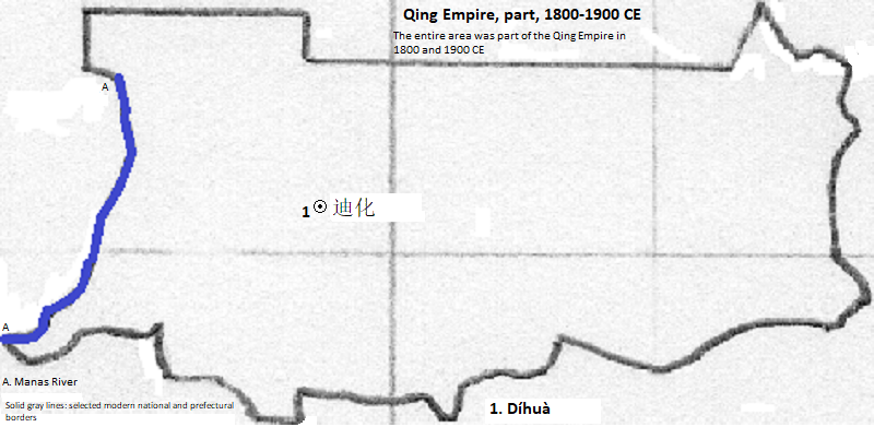 map of Wūlǔmùqí, Chāngjí Huízìzhìzhōu and Wǔjiāqú, 1800 and 1900 CE, with Díhuà marked