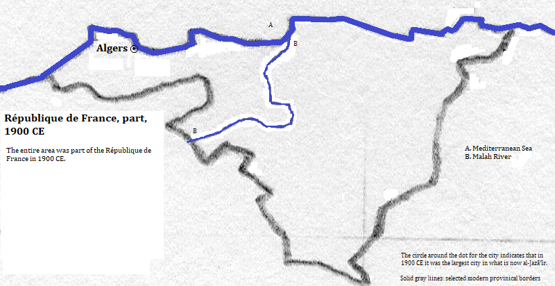 map of al-Jazā'īr, Bourmerdès, Tizi Ouzou and Bouïra provinces of al-Jazā'īr (Algérie or Algeria), 1900 CE