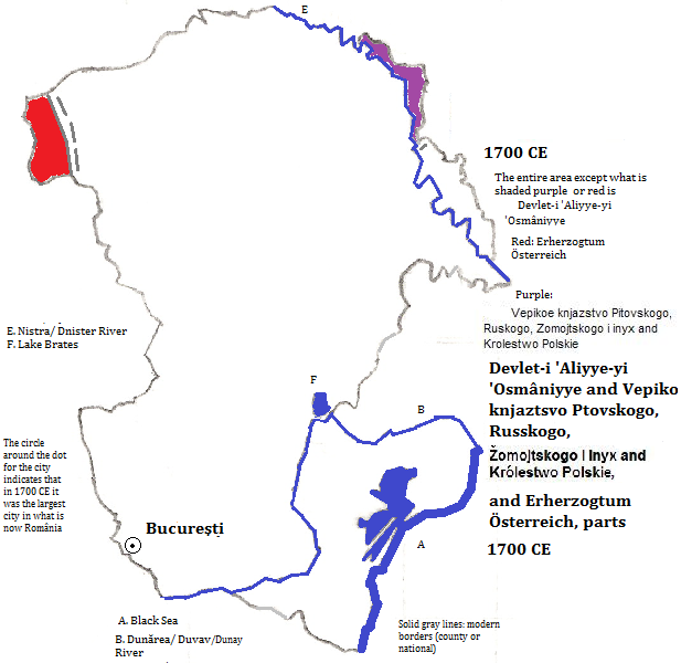 map showing part of Devlet-i 'Aliyye-yi 'Osmâniyye (Ottoman Empire); Vepikoe knjazstvo Pitovskogo, Ruskogo, Žomojtskogo i inyx and Królestwo Polskie (Poland-Lithuania); and Erherzogtum Österreich (Hapsburg Empire); 1700 CE