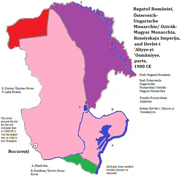 map showing part of Regatul România (Kingdom of Romania); Österreich-Ungarische Monarchie/ Oztrák-Magyar Monarchia (Austro-Hungarian Empire); Rossiyskaja Imperija (Russian Empire); and Devlet-i 'Aliyye-yi 'Osmâniyye (Ottoman Empire); 1900 CE