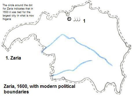 map showing part of Zaria (Zazzau) City State, 1600