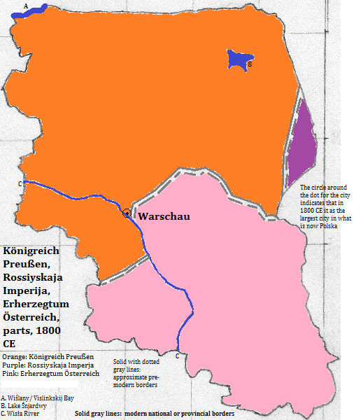 map showing parts of Königreich Preußen (the Kingdom of Prussia), Rossiyskaja Imperija (Russian Empire) and Ergerzegtum Österreich (Austro-Hungarian Empire), 1800 CE