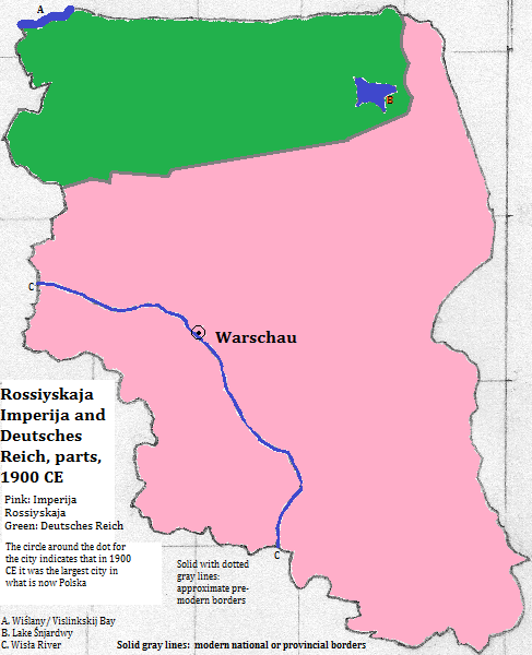 map showing parts of Rossiyskaja Imperija (Russian Empire) and the Deutsches Reich (German Empire), 1900 CE