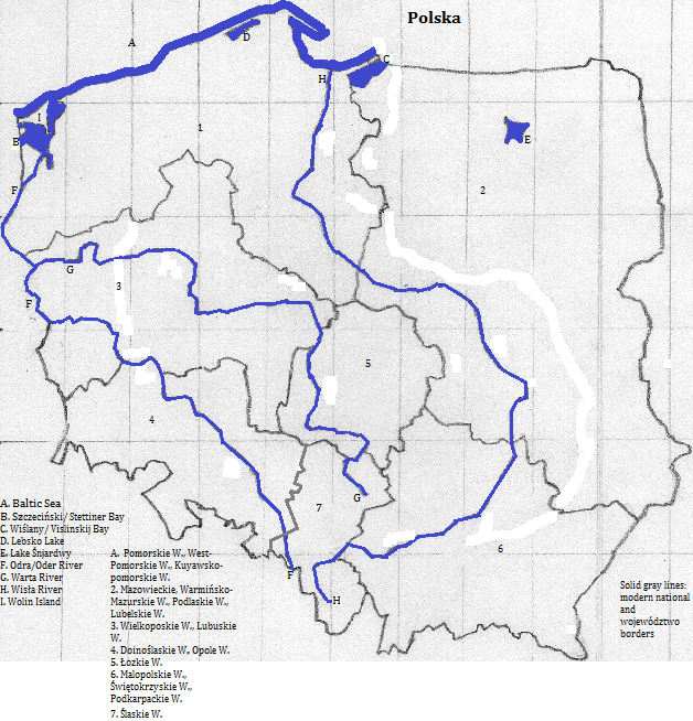 map of Polska (Poland): showing borders and rivers