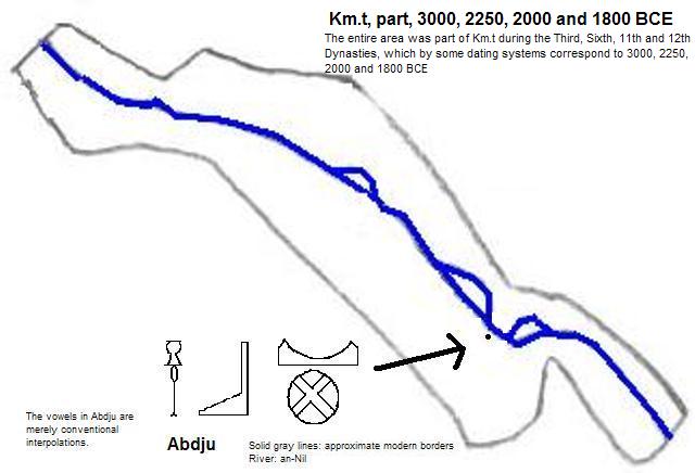 map showing part of Km.t (Kemet or Egypt, 3000, 2250, 2000 and 1800 BCE