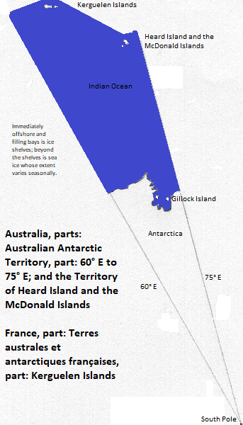 map of Antarctica between 60 and 75 degrees east, and some French and Australian islands