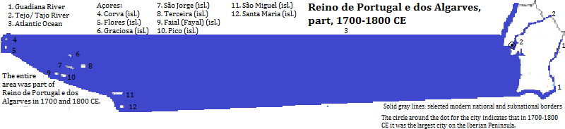 map showing southern Portugal and the Açores, 1700-1800 CE