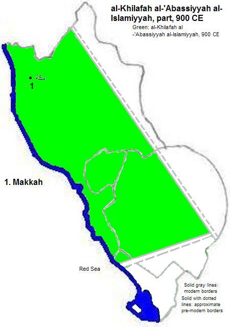 map showing part of the al-Khilafah al-'Abbasiyyah al-Islamiyyah (Abbasid Empire) 900 CE