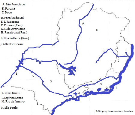 map of the Southeast Region of Brasil (Brazil), showing state borders