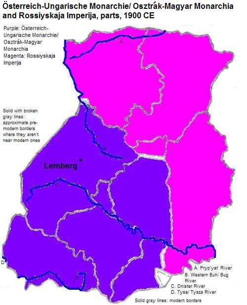 map showing part of Österreich-Ungarische Monarchie/ Osztrák-Magyar Monarchia (Austro-Hungarian Empire) and Rossiyskaja Imperija (Russian Empire), 1900 CE